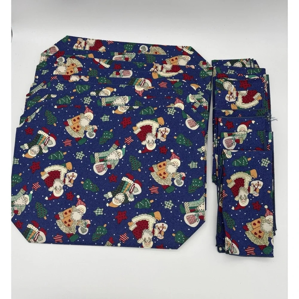 Vintage Christmas Santa Claus Cloth Fabric‎ Placemats & Napkin - Set Of 8